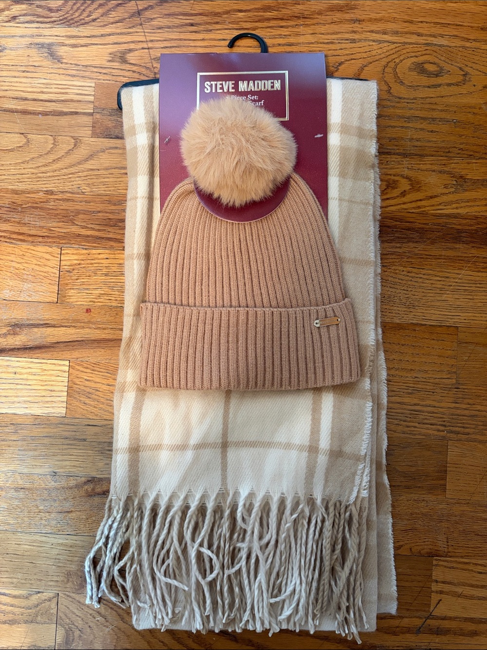 Steve Madden Tan Rib-Knit Pom Beanie with Plaid Scarf Set